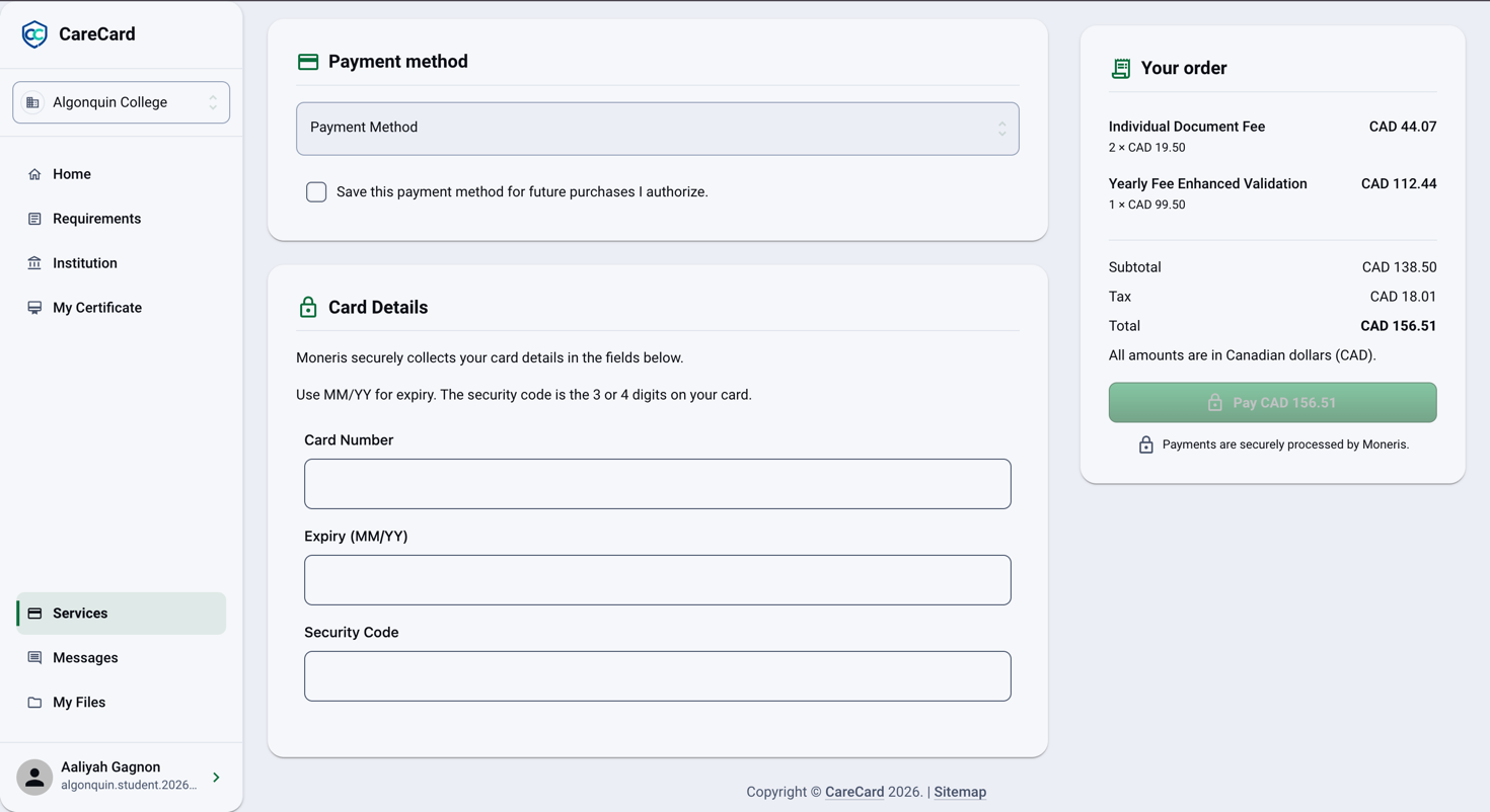 Bottom of Checkout showing the Payment Method field, Save this payment method checkbox, the Card Details notice, the itemized services table, Subtotal, Tax, Total, and the Pay button