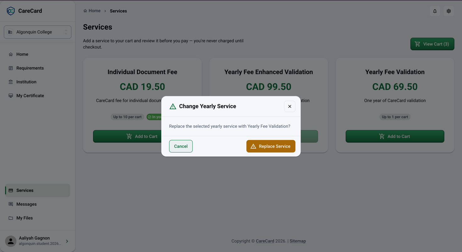 Change Yearly Service dialog asking to replace the selected yearly service with Yearly Fee Enhanced Validation, with Cancel and Replace Service buttons