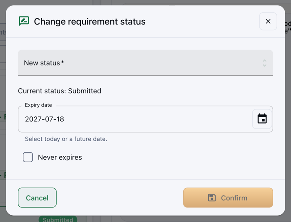 The Change requirement status dialog with a New status selector, the current status, an Expiry date field with a Never expires checkbox, and Cancel and Confirm buttons