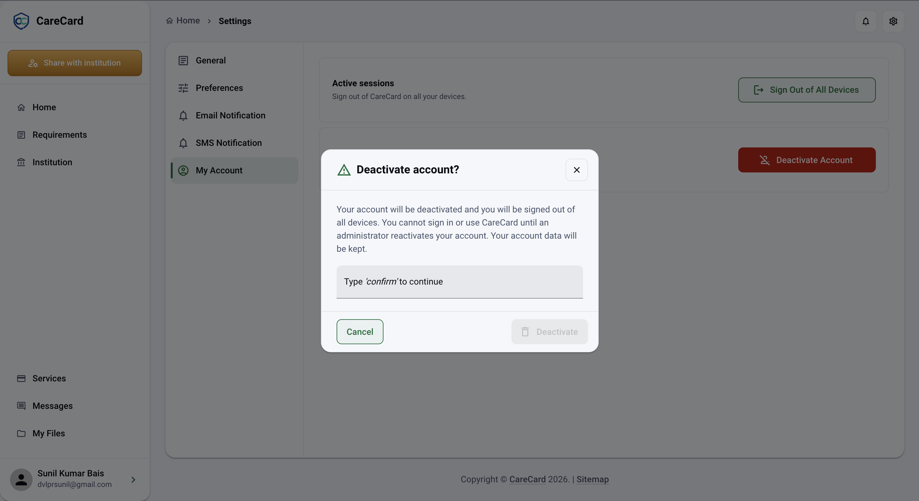 Deactivate account confirmation dialog explaining sign-in is blocked until an administrator reactivates you, asking you to type confirm
