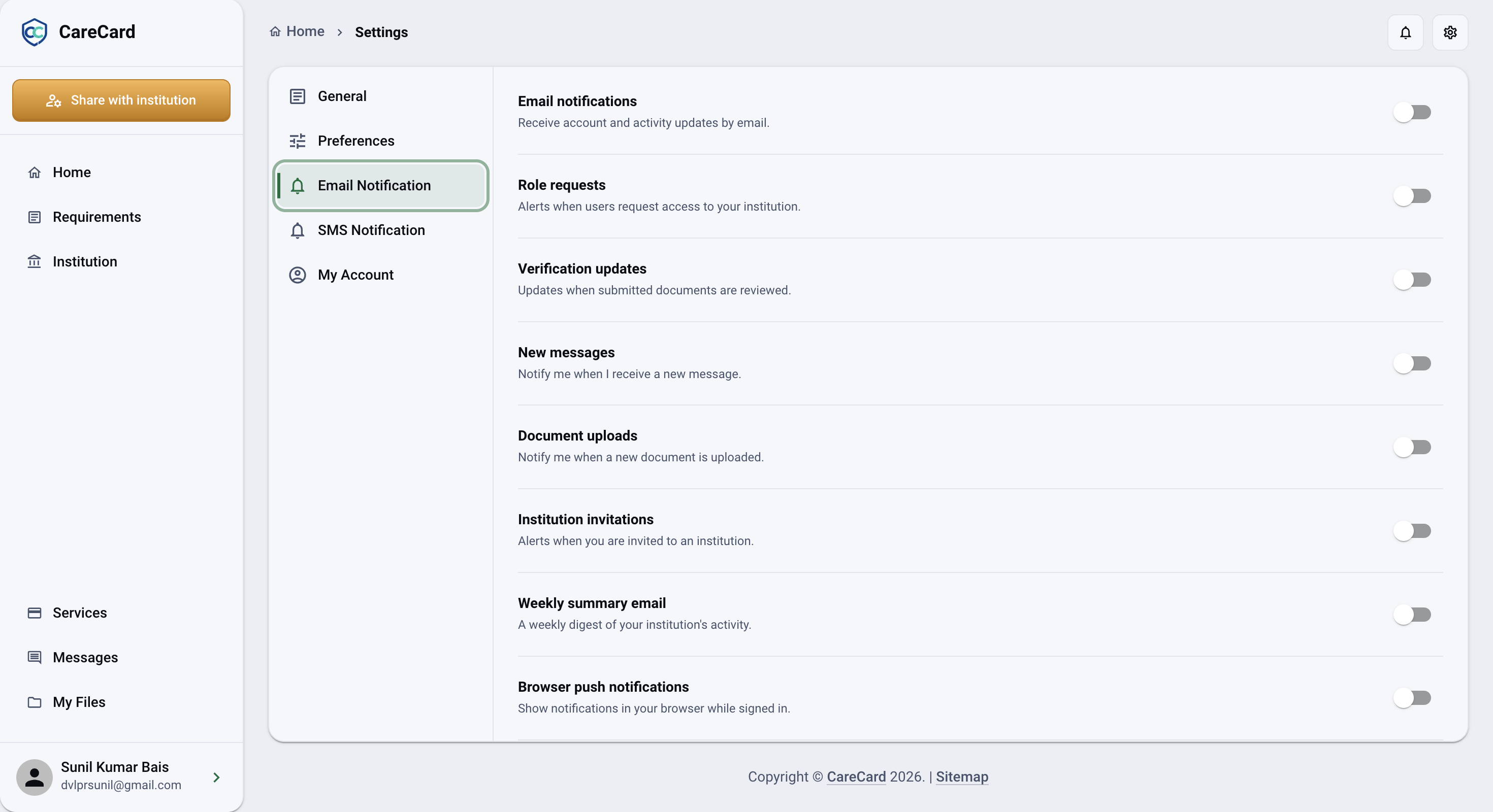 Settings page on the Email Notification tab showing the notification switches, including New messages and Role requests