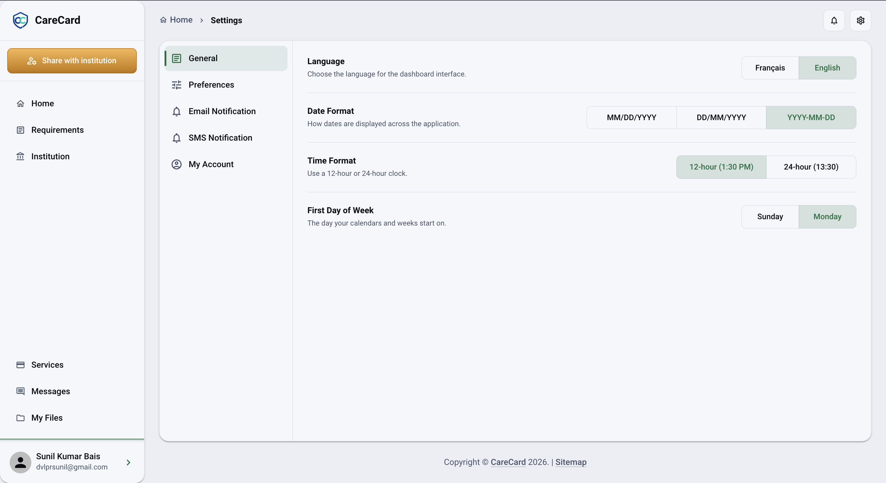 Settings page on the General tab showing the Language, Date Format, Time Format, and First Day of Week choices