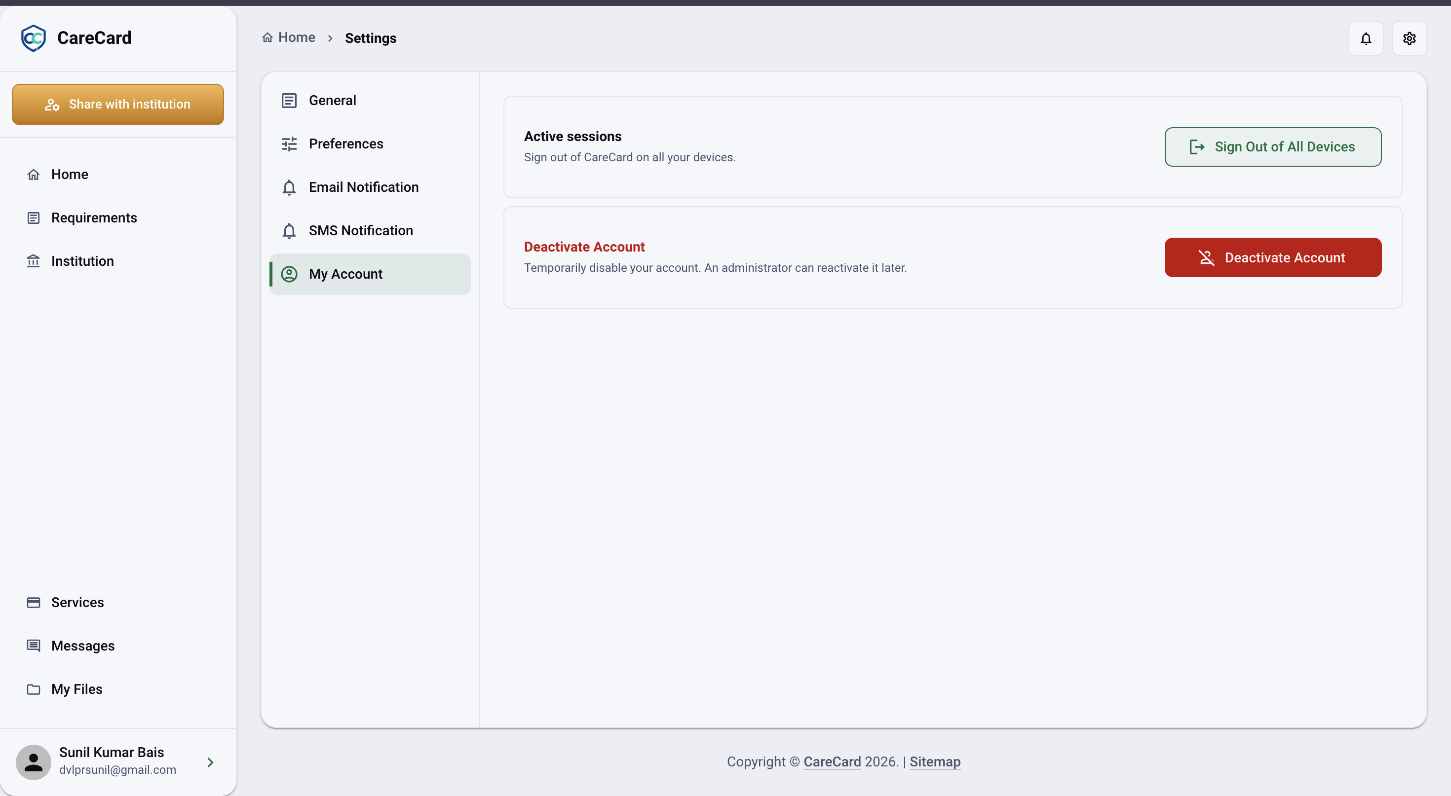 Settings page on the My Account tab showing Active sessions with Sign Out of All Devices, and Deactivate Account