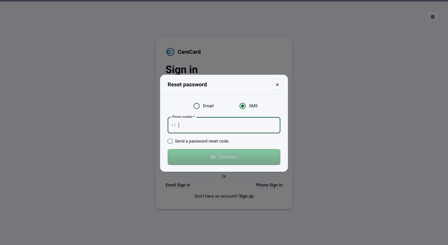 Reset password dialog with the SMS tab selected and a Phone number field