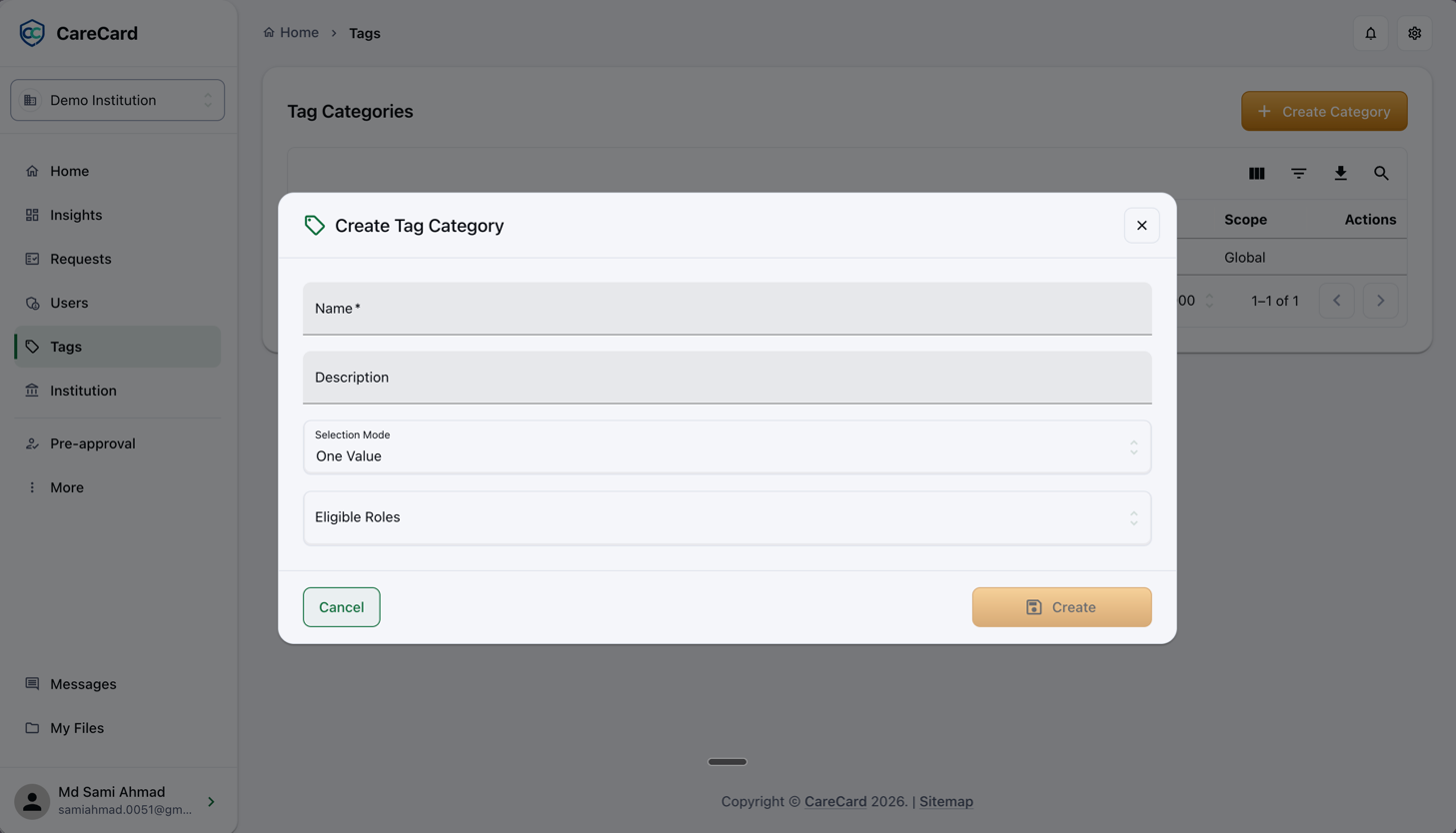 Create Tag Category dialog with Name, Description, Selection Mode, and Eligible Roles fields, and Cancel and Create buttons