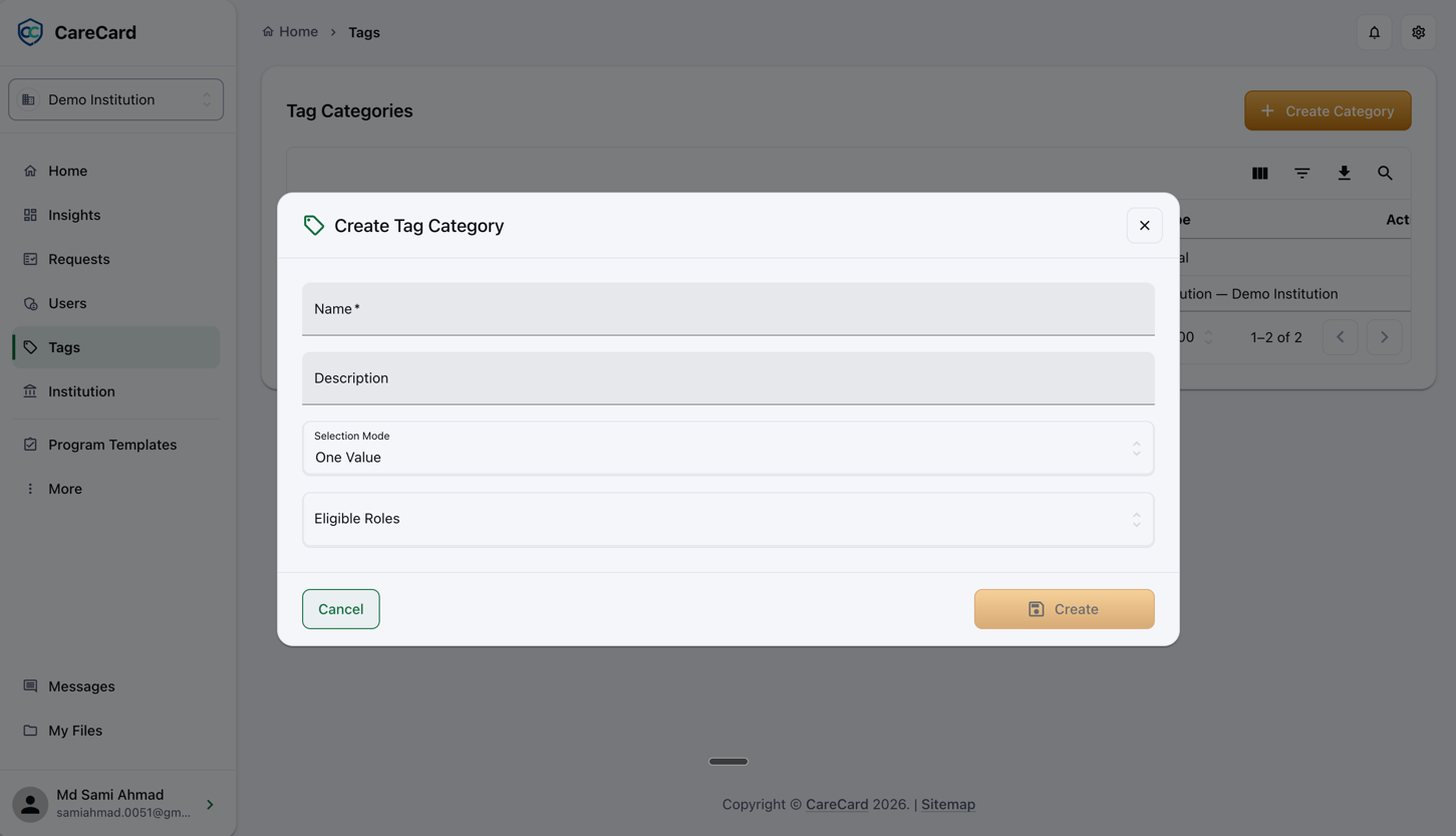 Create Tag Category dialog with Name, Description, Selection Mode, and Eligible Roles fields, and Cancel and Create buttons