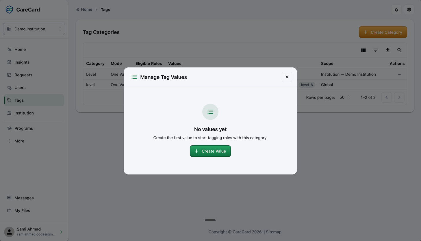Manage Tag Values dialog in its empty state, showing No values yet and a Create Value button