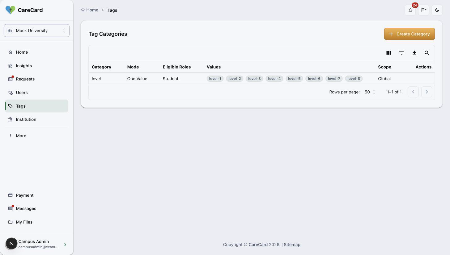 Tags page listing the level category with One Value mode, Student eligible role, its values, and Global scope